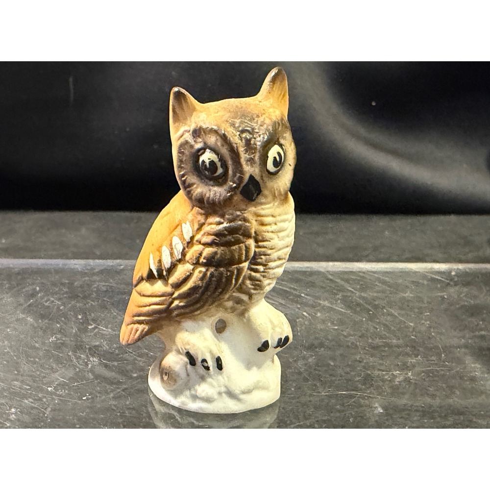 Vintage Miniature Ceramic Owl Figurine Brown White Hand Painted Bird Decor
